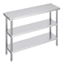 VEVOR Stainless Steel Food Prep Table, 14 x 48 x 34 Inch Commercial Kitchen Worktable, with 2 Adjustable Undershelf, Heavy Duty Prep Table Metal Work Table for BBQ, Kitchen, Home, and Garage