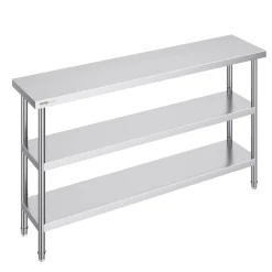 VEVOR Stainless Steel Food Prep Table, 14 x 60 x 34 Inch Commercial Kitchen Worktable, with 2 Adjustable Undershelf, Heavy Duty Prep Table Metal Work Table for BBQ, Kitchen, Home, and Garage