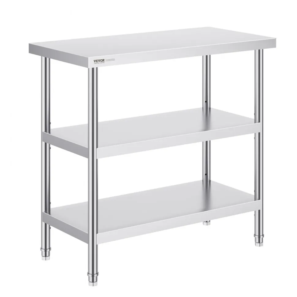 VEVOR Stainless Steel Food Prep Table, 18 x 36 x 34 Inch Commercial Kitchen Worktable, with 2 Adjustable Undershelf, Heavy Duty Prep Table Metal Work Table for BBQ, Kitchen, Home, and Garage