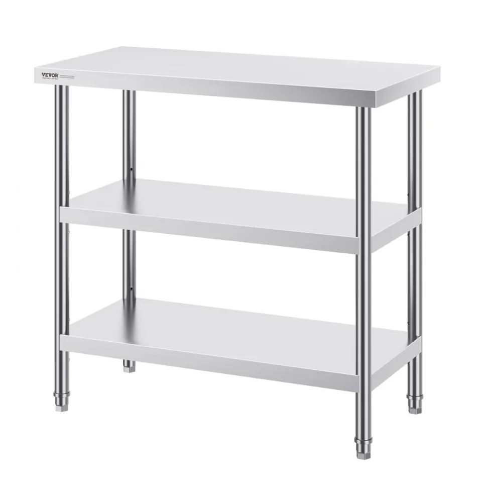 VEVOR Stainless Steel Food Prep Table, 18 x 36 x 34 Inch Commercial Kitchen Worktable, with 2 Adjustable Undershelf, Heavy Duty Prep Table Metal Work Table for BBQ, Kitchen, Home, and Garage