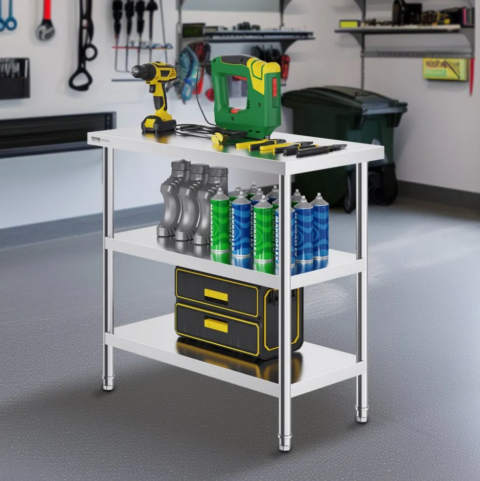 VEVOR Stainless Steel Food Prep Table, 18 x 36 x 34 Inch Commercial Kitchen Worktable, with 2 Adjustable Undershelf, Heavy Duty Prep Table Metal Work Table for BBQ, Kitchen, Home, and Garage