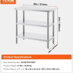 VEVOR Stainless Steel Food Prep Table, 18 x 36 x 34 Inch Commercial Kitchen Worktable, with 2 Adjustable Undershelf, Heavy Duty Prep Table Metal Work Table for BBQ, Kitchen, Home, and Garage