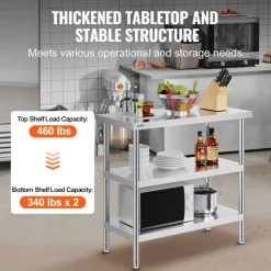 VEVOR Stainless Steel Food Prep Table, 18 x 36 x 34 Inch Commercial Kitchen Worktable, with 2 Adjustable Undershelf, Heavy Duty Prep Table Metal Work Table for BBQ, Kitchen, Home, and Garage
