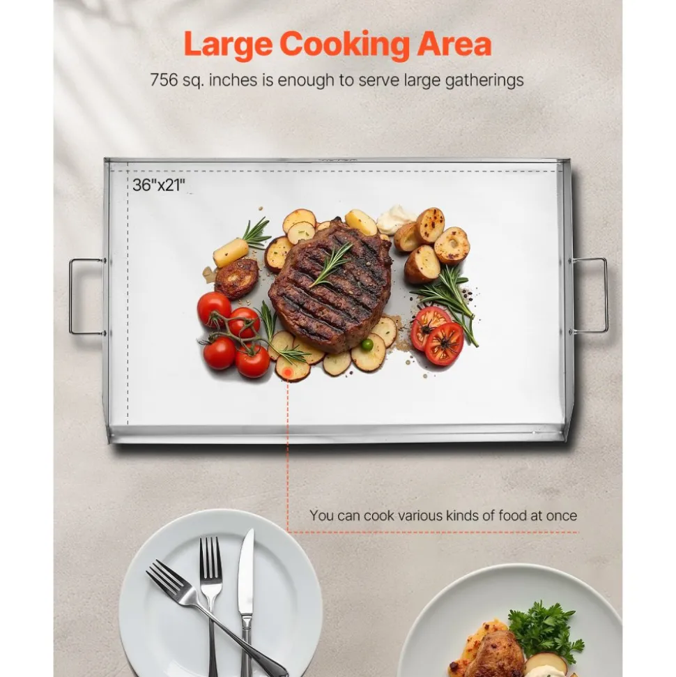 VEVOR Stainless Steel Griddle, 36x22 inch Universal Flat Top Rectangular Plate, Gas Grill Griddle for BBQ Grill, Teppanyaki, Portable Family Cookware with Handle, for Camping Tailgating Party