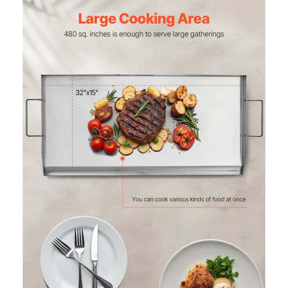 VEVOR Stainless Steel Griddle, 32x16 inch Universal Flat Top Rectangular Plate, Gas Grill Griddle for BBQ Grill, Teppanyaki, Portable Family Cookware with Handle, for Camping Tailgating Party