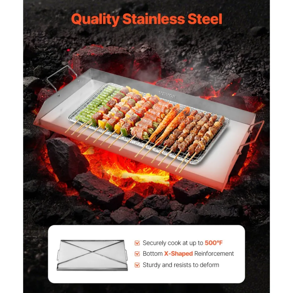 VEVOR Stainless Steel Griddle, 32x16 inch Universal Flat Top Rectangular Plate, Gas Grill Griddle for BBQ Grill, Teppanyaki, Portable Family Cookware with Handle, for Camping Tailgating Party