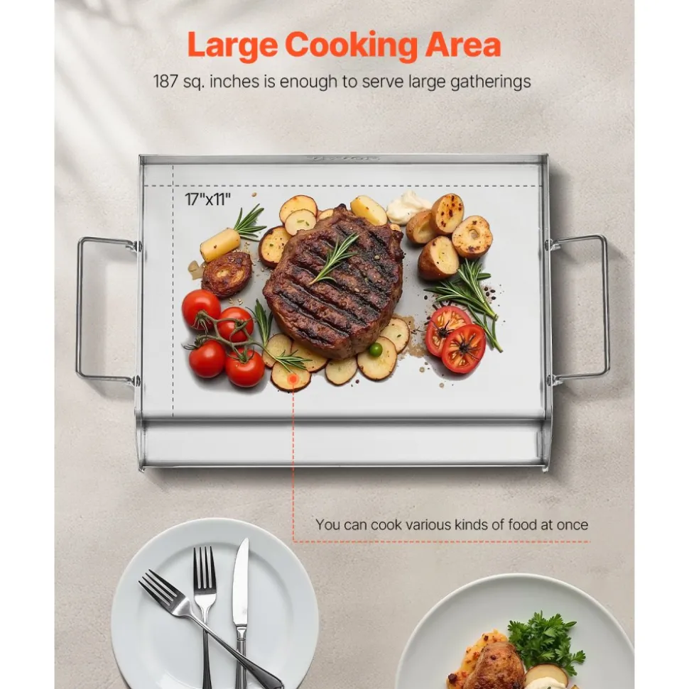 VEVOR Stainless Steel Griddle, 17x13 inch Universal Flat Top Rectangular Plate, Gas Grill Griddle for BBQ Grill, Teppanyaki, Portable Family Cookware with Handle, for Camping Tailgating Party