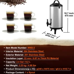 VEVOR Stainless Steel Insulated Beverage Dispenser, 2.4 Gallon 9.2 Liter, Thermal Hot and Cold Drink Server Dispenser with Spigot Handle, Food-grade for Hot Tea Coffee Water Restaurant Drink Shop