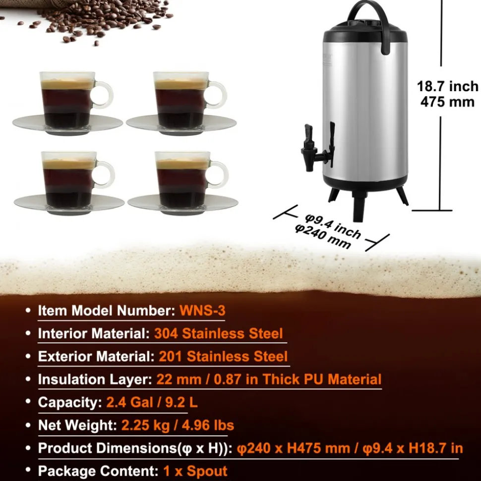 VEVOR Stainless Steel Insulated Beverage Dispenser, 2.4 Gallon 9.2 Liter, Thermal Hot and Cold Drink Server Dispenser with Spigot Handle, Food-grade for Hot Tea Coffee Water Restaurant Drink Shop