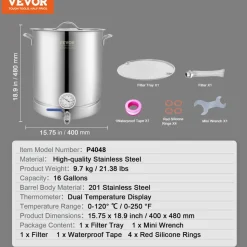 VEVOR Stainless Steel Kettle, 5 GALLON Brewing Pot, Tri Ply Bottom for Beer, Brew Kettle Pot, Home Brewing Supplies Includes Lid, Handle, Thermometer, Ball Valve Spigot, Filter, Filter Tray