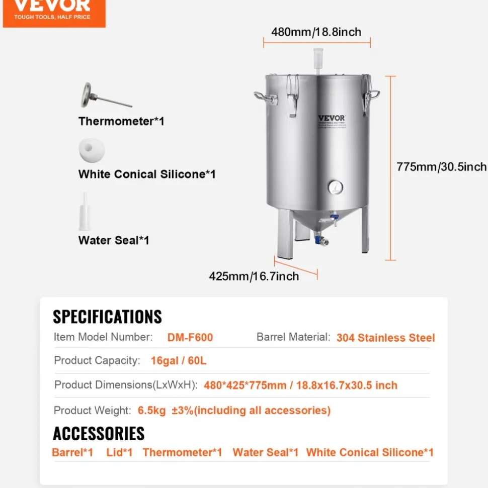VEVOR 304 Stainless Steel Kettle, 16 GALLON Beer Brew Fermentor, Brew Bucket Fermentor for Brewing, Home Brewing Supplies with Base, Kettle Stock Pot Includes Lid, Handle, Valve, Spigot, Thermometer