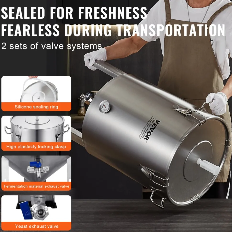VEVOR 304 Stainless Steel Kettle, 16 GALLON Beer Brew Fermentor, Brew Bucket Fermentor for Brewing, Home Brewing Supplies with Base, Kettle Stock Pot Includes Lid, Handle, Valve, Spigot, Thermometer