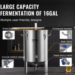 VEVOR 304 Stainless Steel Kettle, 16 GALLON Beer Brew Fermentor, Brew Bucket Fermentor for Brewing, Home Brewing Supplies with Base, Kettle Stock Pot Includes Lid, Handle, Valve, Spigot, Thermometer