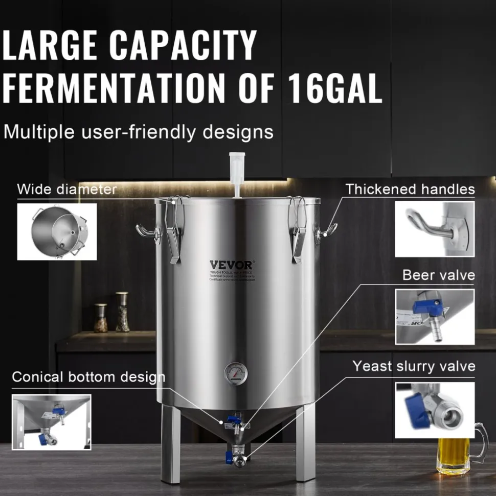 VEVOR 304 Stainless Steel Kettle, 16 GALLON Beer Brew Fermentor, Brew Bucket Fermentor for Brewing, Home Brewing Supplies with Base, Kettle Stock Pot Includes Lid, Handle, Valve, Spigot, Thermometer