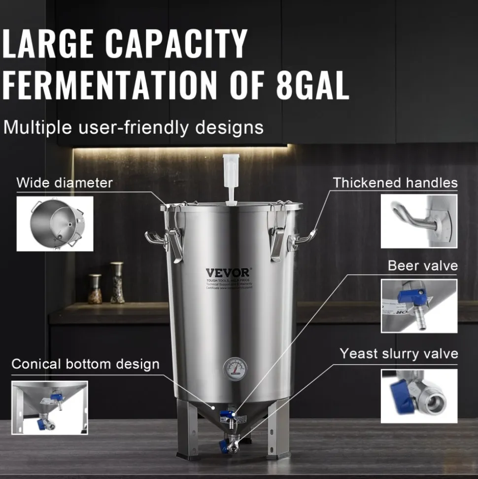 VEVOR 304 Stainless Steel Kettle, 8 GALLON Beer Brew Fermentor, Brew Bucket Fermentor for Brewing, Home Brewing Supplies with Base, Kettle Stock Pot Includes Lid, Handle, Valve, Spigot, Thermometer