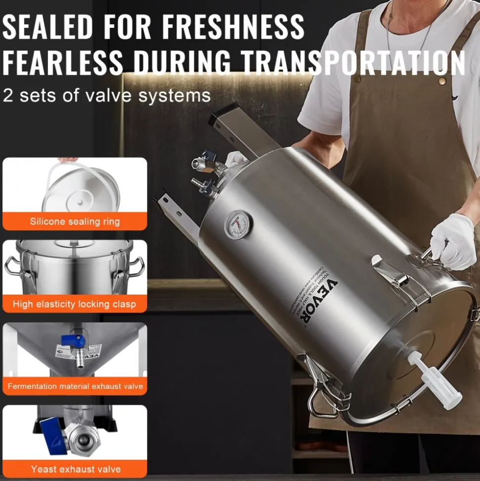 VEVOR 304 Stainless Steel Kettle, 8 GALLON Beer Brew Fermentor, Brew Bucket Fermentor for Brewing, Home Brewing Supplies with Base, Kettle Stock Pot Includes Lid, Handle, Valve, Spigot, Thermometer