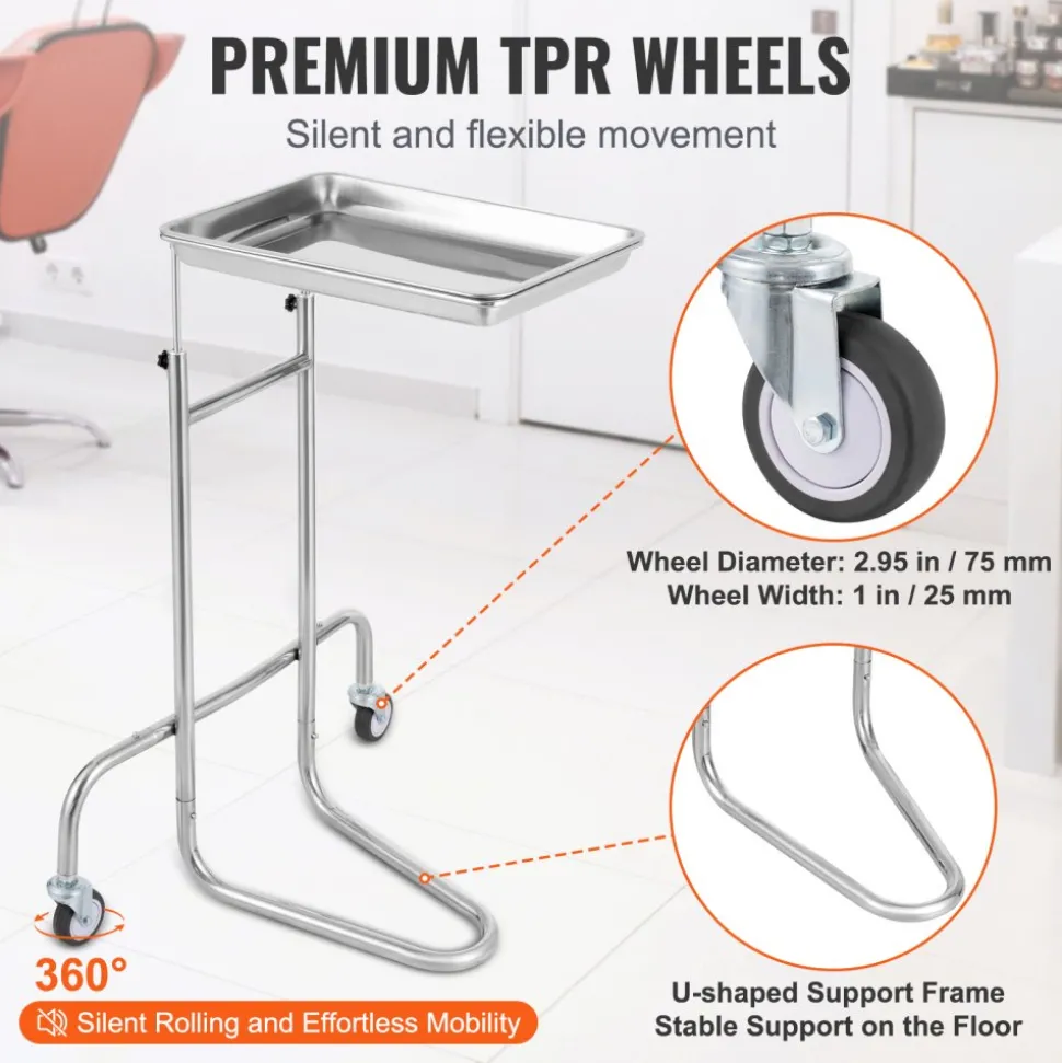 VEVOR Stainless Steel Lab Carts, Lab Utility Cart with Single Tray, Mobile Medical Cart with 2 Silent Wheels, Lab Rolling Cart for Lab, Clinic, Hospital, Salon