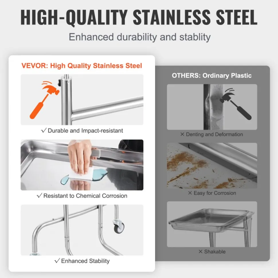 VEVOR Stainless Steel Lab Carts, Lab Utility Cart with Single Tray, Mobile Medical Cart with 2 Silent Wheels, Lab Rolling Cart for Lab, Clinic, Hospital, Salon