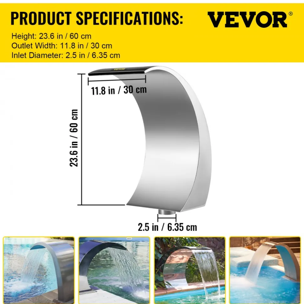 VEVOR Stainless Steel Pool Fountain 17.7 x 11.8 x 23.6 inches Pool Fountain Silver Pool Fountains for In Ground Pools Garden Outdoor Waterfalls Sheer Descent Pond Water Feature