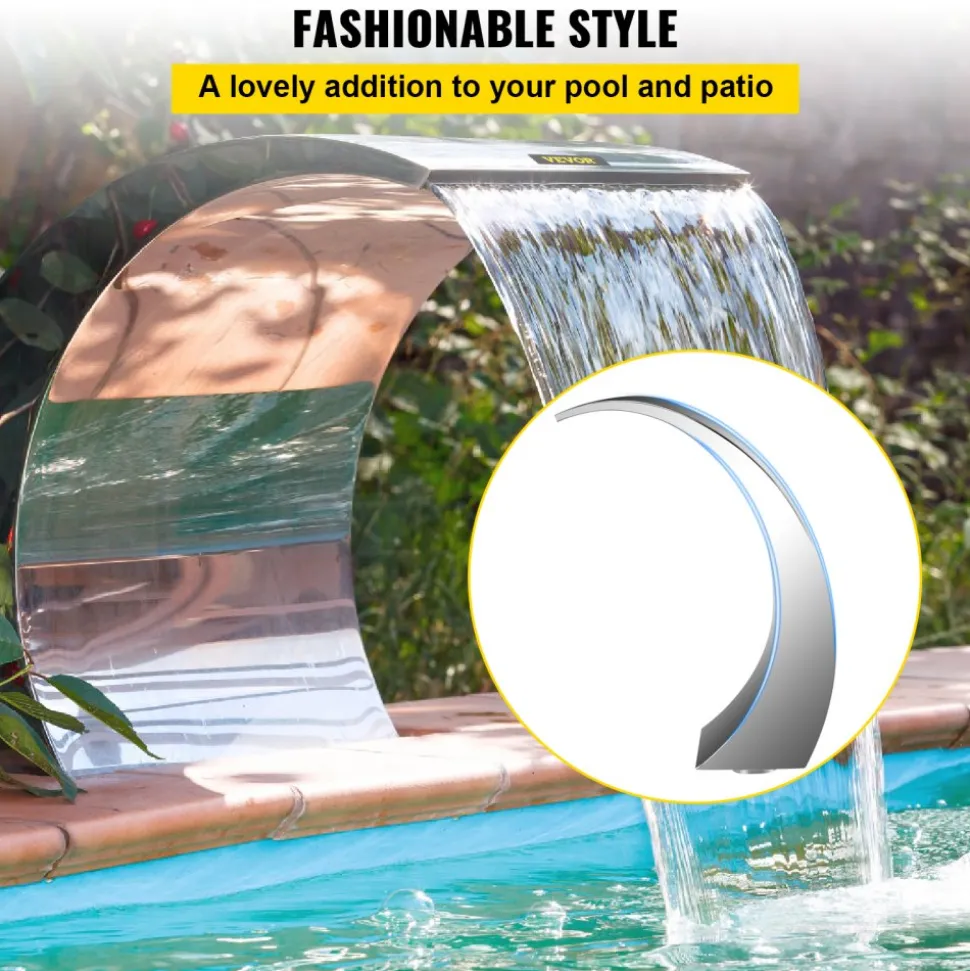 VEVOR Stainless Steel Pool Fountain 17.7 x 11.8 x 23.6 inches Pool Fountain Silver Pool Fountains for In Ground Pools Garden Outdoor Waterfalls Sheer Descent Pond Water Feature