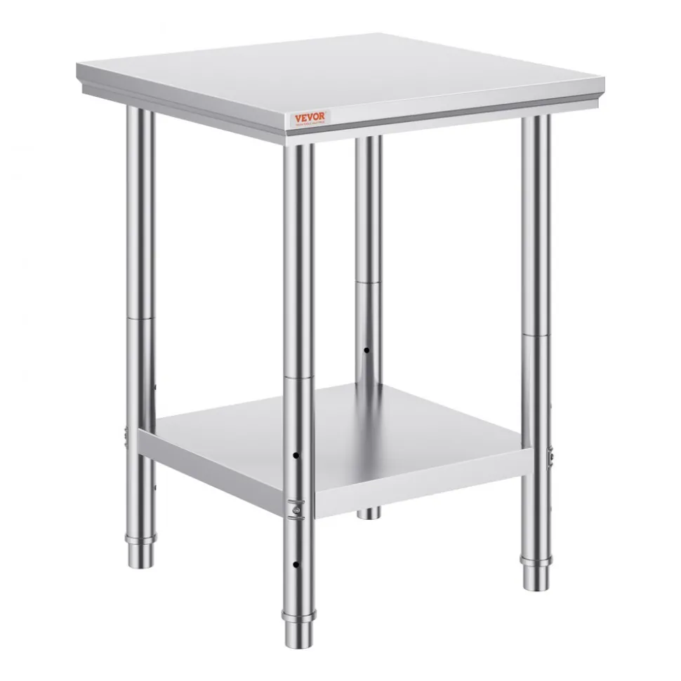 VEVOR Stainless Steel Prep Table, 24 x 24 x 31 Inch, 700 lbs Load Capacity, Heavy Duty Metal Worktable with 3 Adjustable Height Levels, Commercial Workstation for Kitchen Garage Restaurant Backyard