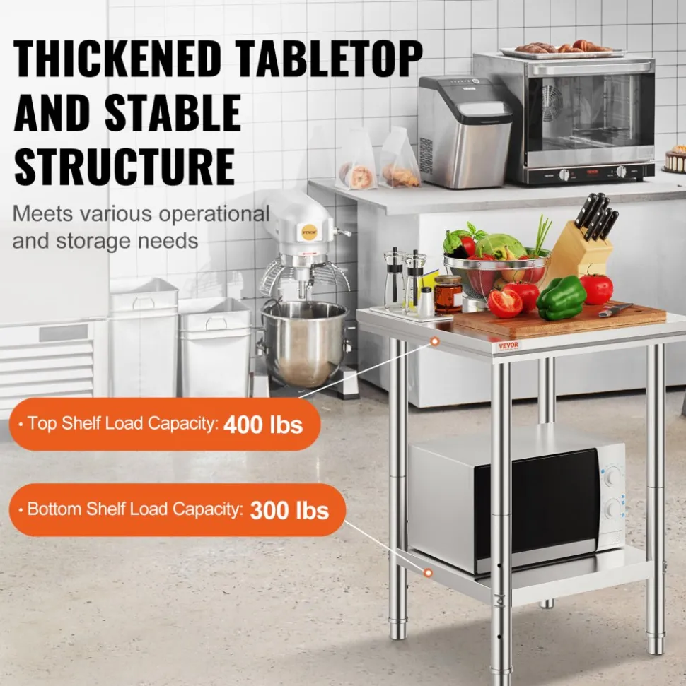 VEVOR Stainless Steel Prep Table, 24 x 24 x 31 Inch, 700 lbs Load Capacity, Heavy Duty Metal Worktable with 3 Adjustable Height Levels, Commercial Workstation for Kitchen Garage Restaurant Backyard