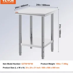 VEVOR Stainless Steel Prep Table, 24 x 24 x 31 Inch, 700 lbs Load Capacity, Heavy Duty Metal Worktable with 3 Adjustable Height Levels, Commercial Workstation for Kitchen Garage Restaurant Backyard