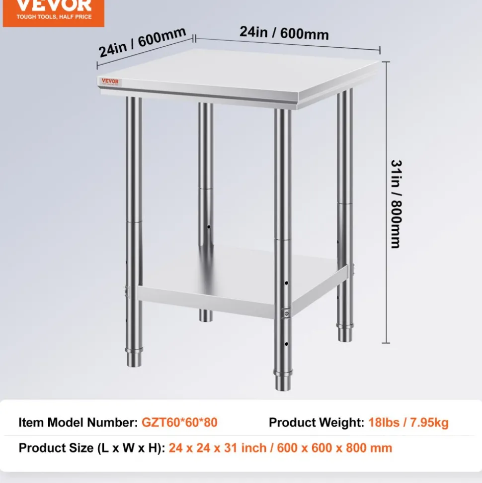 VEVOR Stainless Steel Prep Table, 24 x 24 x 31 Inch, 700 lbs Load Capacity, Heavy Duty Metal Worktable with 3 Adjustable Height Levels, Commercial Workstation for Kitchen Garage Restaurant Backyard