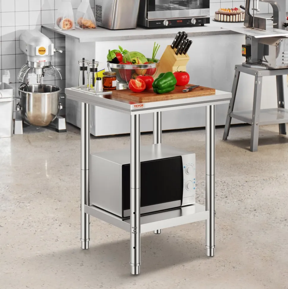 VEVOR Stainless Steel Prep Table, 24 x 24 x 31 Inch, 700 lbs Load Capacity, Heavy Duty Metal Worktable with 3 Adjustable Height Levels, Commercial Workstation for Kitchen Garage Restaurant Backyard