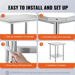 VEVOR Stainless Steel Prep Table, 24 x 24 x 31 Inch, 700 lbs Load Capacity, Heavy Duty Metal Worktable with 3 Adjustable Height Levels, Commercial Workstation for Kitchen Garage Restaurant Backyard