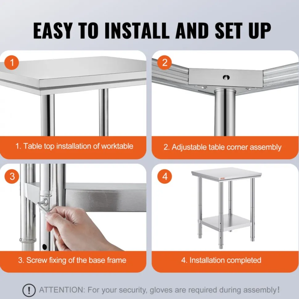 VEVOR Stainless Steel Prep Table, 24 x 24 x 31 Inch, 700 lbs Load Capacity, Heavy Duty Metal Worktable with 3 Adjustable Height Levels, Commercial Workstation for Kitchen Garage Restaurant Backyard
