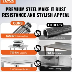 VEVOR Stainless Steel Prep Table, 24 x 24 x 31 Inch, 700 lbs Load Capacity, Heavy Duty Metal Worktable with 3 Adjustable Height Levels, Commercial Workstation for Kitchen Garage Restaurant Backyard