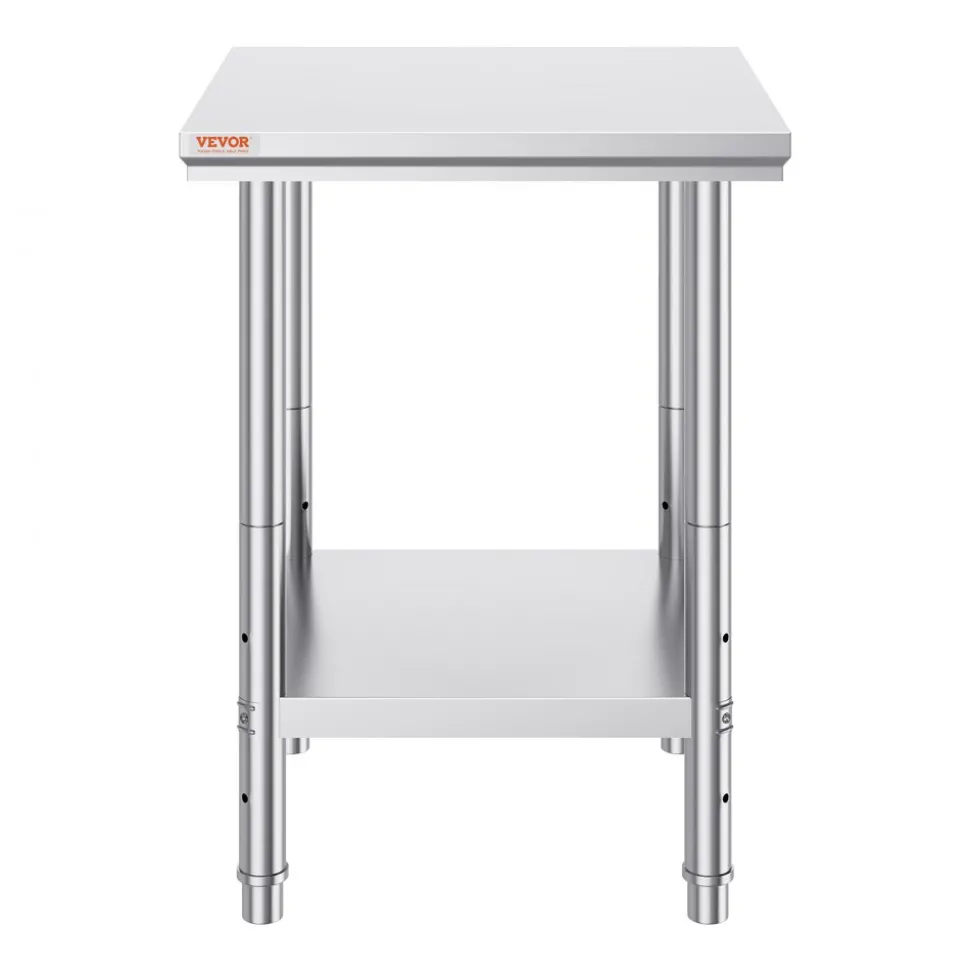 VEVOR Stainless Steel Prep Table, 24 x 24 x 31 Inch, 700 lbs Load Capacity, Heavy Duty Metal Worktable with 3 Adjustable Height Levels, Commercial Workstation for Kitchen Garage Restaurant Backyard