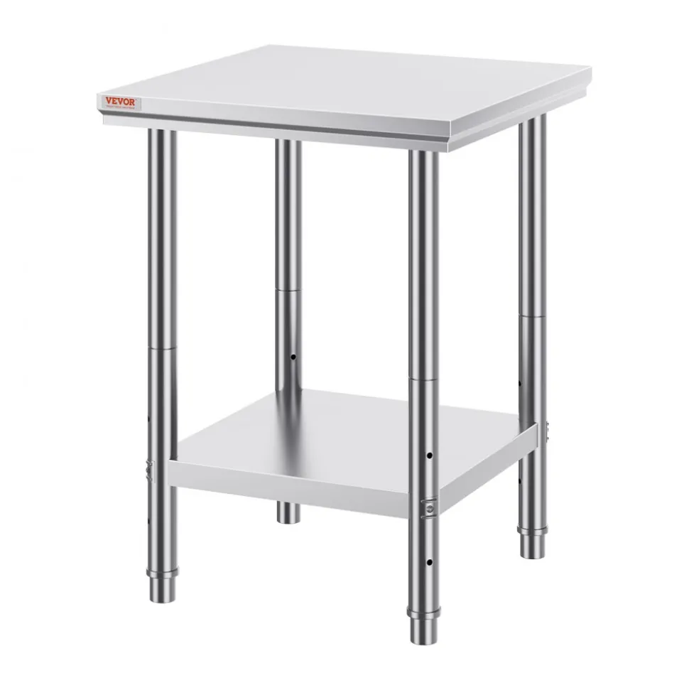 VEVOR Stainless Steel Prep Table, 24 x 24 x 31 Inch, 700 lbs Load Capacity, Heavy Duty Metal Worktable with 3 Adjustable Height Levels, Commercial Workstation for Kitchen Garage Restaurant Backyard