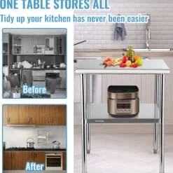 VEVOR Stainless Steel Prep Table, 30 x 30 x 36 Inch, 800lbs Load Capacity Heavy Duty Metal Worktable with Adjustable Undershelf & Feet, Commercial Workstation for Kitchen Garage Restaurant Backyard