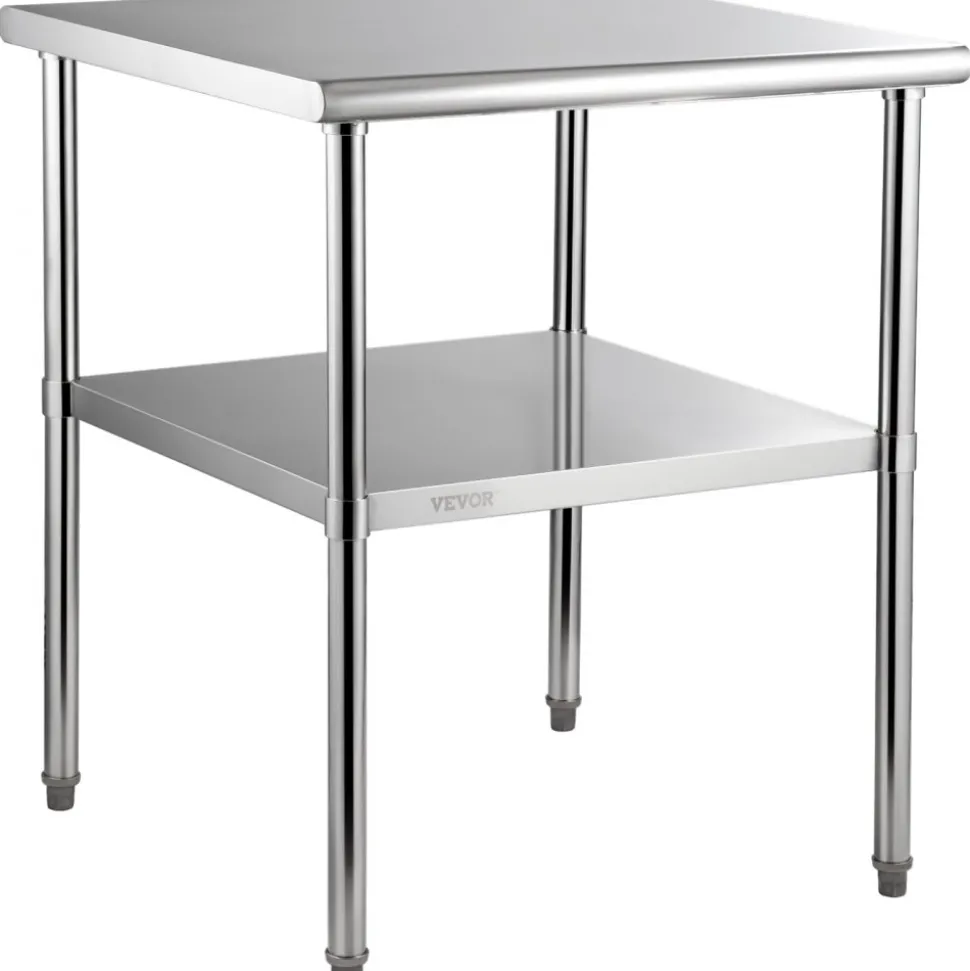 VEVOR Stainless Steel Prep Table, 30 x 30 x 36 Inch, 800lbs Load Capacity Heavy Duty Metal Worktable with Adjustable Undershelf & Feet, Commercial Workstation for Kitchen Garage Restaurant Backyard