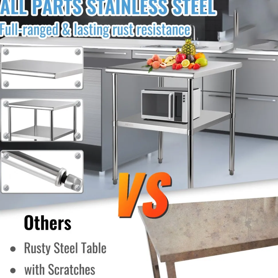 VEVOR Stainless Steel Prep Table, 30 x 30 x 36 Inch, 800lbs Load Capacity Heavy Duty Metal Worktable with Adjustable Undershelf & Feet, Commercial Workstation for Kitchen Garage Restaurant Backyard