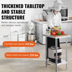 VEVOR Stainless Steel Prep Table, 24 x 18 x 34 Inch, 640 lbs Load Capacity, Heavy Duty Metal Worktable with 3 Adjustable Height Levels, Commercial Workstation for Kitchen Garage Restaurant Backyard