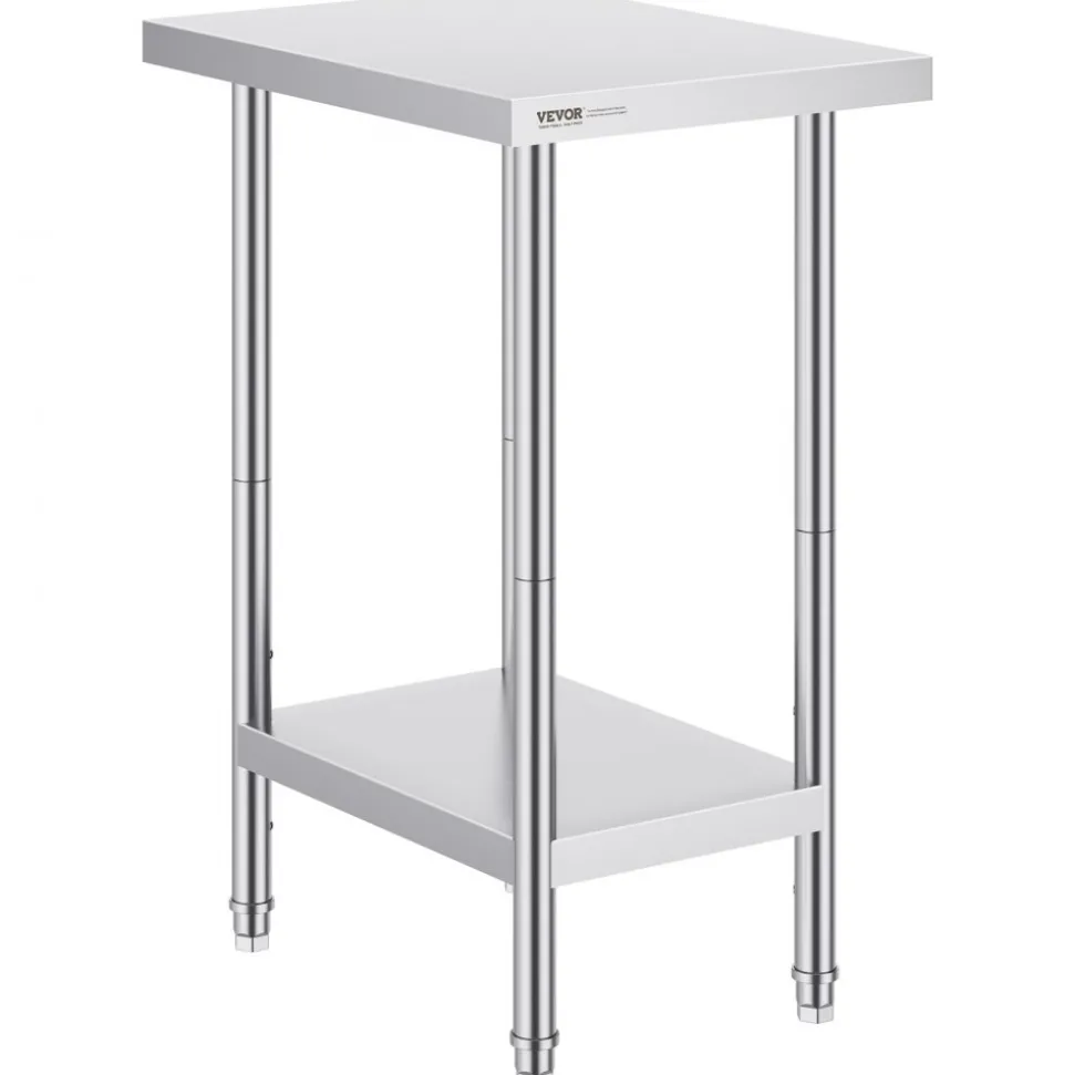 VEVOR Stainless Steel Prep Table, 24 x 18 x 34 Inch, 640 lbs Load Capacity, Heavy Duty Metal Worktable with 3 Adjustable Height Levels, Commercial Workstation for Kitchen Garage Restaurant Backyard