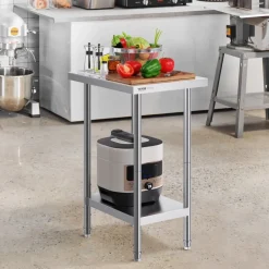 VEVOR Stainless Steel Prep Table, 24 x 18 x 34 Inch, 640 lbs Load Capacity, Heavy Duty Metal Worktable with 3 Adjustable Height Levels, Commercial Workstation for Kitchen Garage Restaurant Backyard