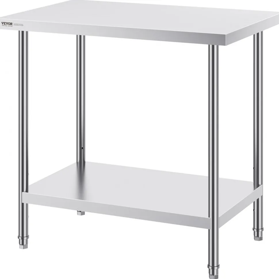 VEVOR Stainless Steel Prep Table, 24 x 36 x 34 Inch, 750 lbs Load Capacity, Heavy Duty Metal Worktable with 3 Adjustable Height Levels, Commercial Workstation for Kitchen Garage Restaurant Backyard