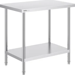 VEVOR Stainless Steel Prep Table, 24 x 36 x 34 Inch, 750 lbs Load Capacity, Heavy Duty Metal Worktable with 3 Adjustable Height Levels, Commercial Workstation for Kitchen Garage Restaurant Backyard