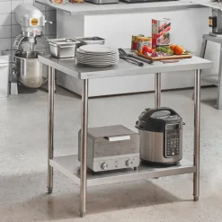 VEVOR Stainless Steel Prep Table, 24 x 36 x 34 Inch, 750 lbs Load Capacity, Heavy Duty Metal Worktable with 3 Adjustable Height Levels, Commercial Workstation for Kitchen Garage Restaurant Backyard