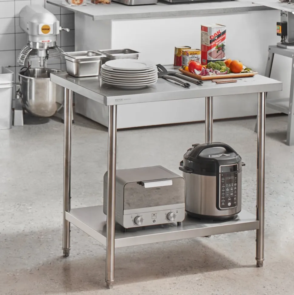 VEVOR Stainless Steel Prep Table, 24 x 36 x 34 Inch, 750 lbs Load Capacity, Heavy Duty Metal Worktable with 3 Adjustable Height Levels, Commercial Workstation for Kitchen Garage Restaurant Backyard