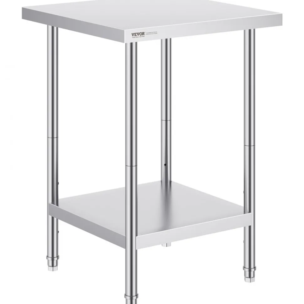 VEVOR Stainless Steel Prep Table, 24 x 24 x 34 Inch, 700 lbs Load Capacity, Heavy Duty Metal Worktable with 3 Adjustable Height Levels, Commercial Workstation for Kitchen Garage Restaurant Backyard