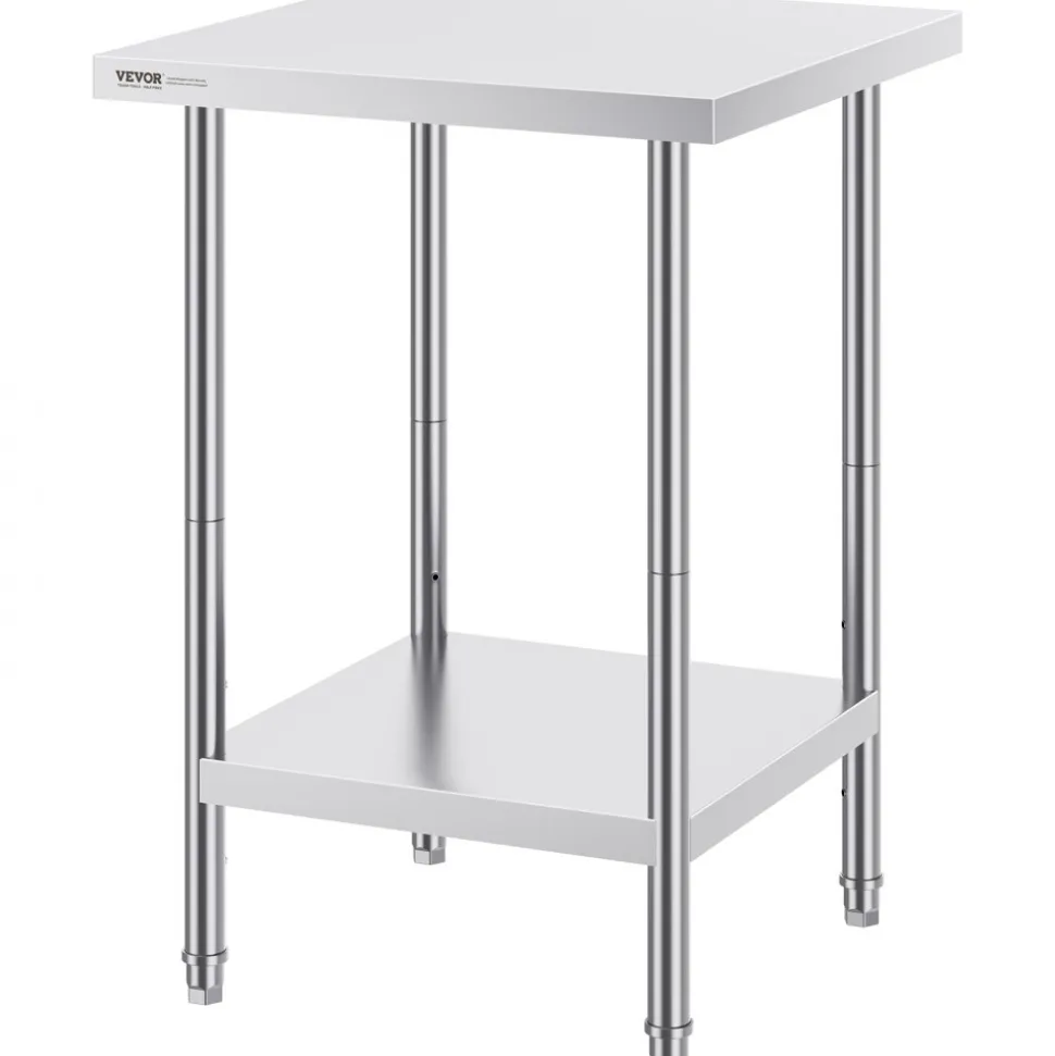 VEVOR Stainless Steel Prep Table, 24 x 24 x 34 Inch, 700 lbs Load Capacity, Heavy Duty Metal Worktable with 3 Adjustable Height Levels, Commercial Workstation for Kitchen Garage Restaurant Backyard