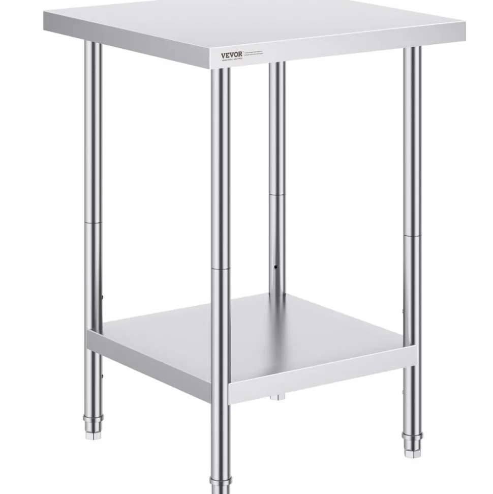 VEVOR Stainless Steel Prep Table, 24 x 24 x 34 Inch, 700 lbs Load Capacity, Heavy Duty Metal Worktable with 3 Adjustable Height Levels, Commercial Workstation for Kitchen Garage Restaurant Backyard