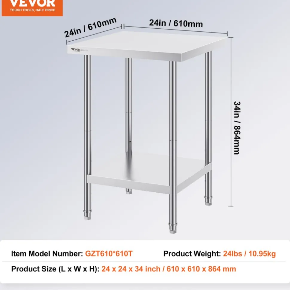 VEVOR Stainless Steel Prep Table, 24 x 24 x 34 Inch, 700 lbs Load Capacity, Heavy Duty Metal Worktable with 3 Adjustable Height Levels, Commercial Workstation for Kitchen Garage Restaurant Backyard