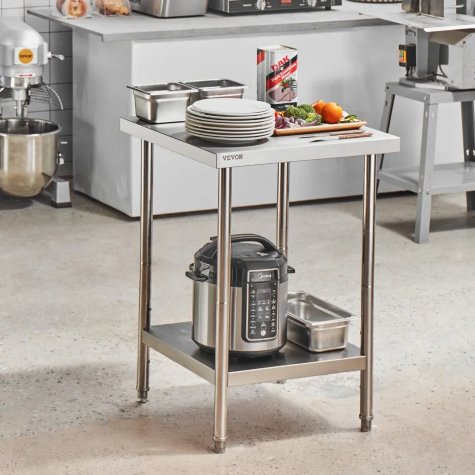VEVOR Stainless Steel Prep Table, 24 x 24 x 34 Inch, 700 lbs Load Capacity, Heavy Duty Metal Worktable with 3 Adjustable Height Levels, Commercial Workstation for Kitchen Garage Restaurant Backyard