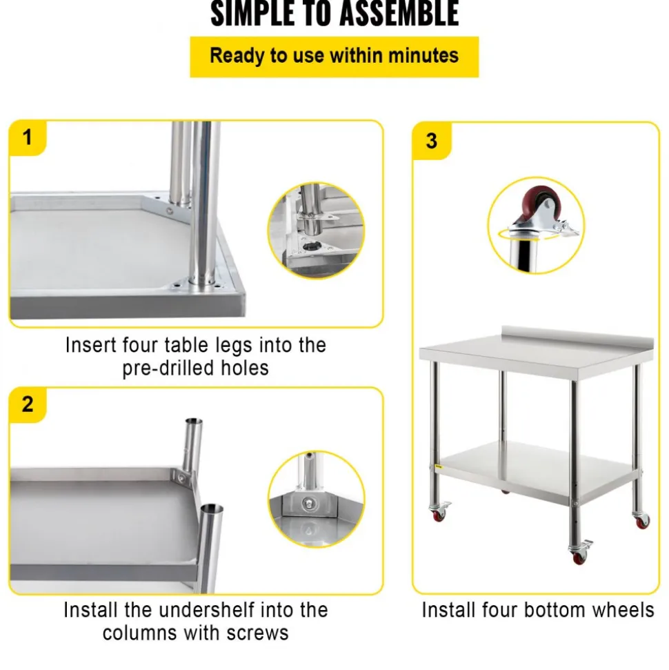 VEVOR Stainless Steel Prep Table, 24 x 72 x 34 Inch, 880 lbs Load Capacity, Heavy Duty Metal Worktable with 3 Adjustable Height Levels, Commercial Workstation for Kitchen Garage Restaurant Backyard